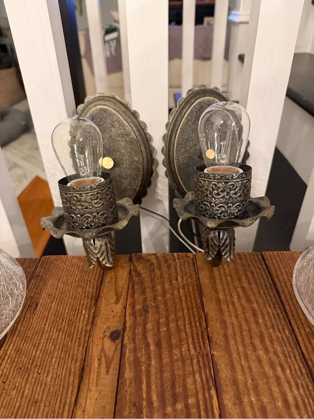 Vintage Crackle Glass Wall Sconce Pair with Bronze-tone Accents